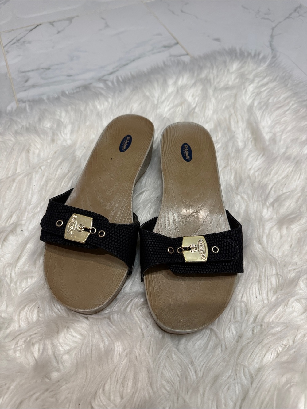 Skechers Black Slide Mules with Gold Buckle